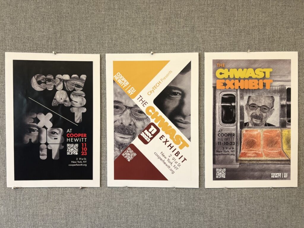 Final Chwast exhibit posters on display at City Tech.