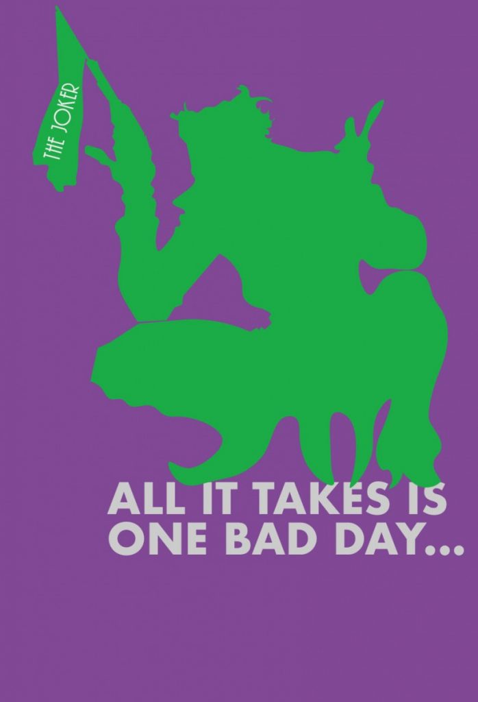 Purple background with a green silhouette of The Joker
