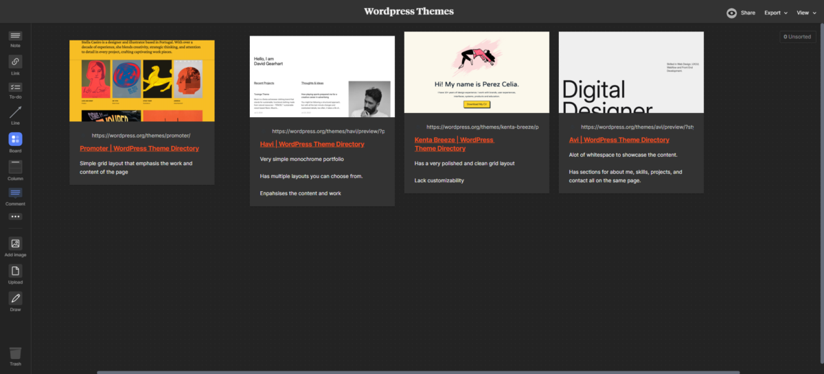 Image of my milanote board for wordpress themes