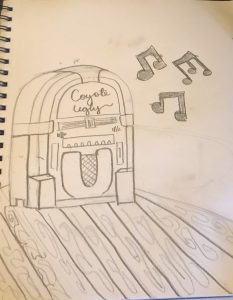 Juke box with music notes on hardwood floors
