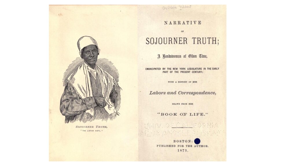 “Narrative of Sojourner Truth” bookplate and cover page, Boston 1875