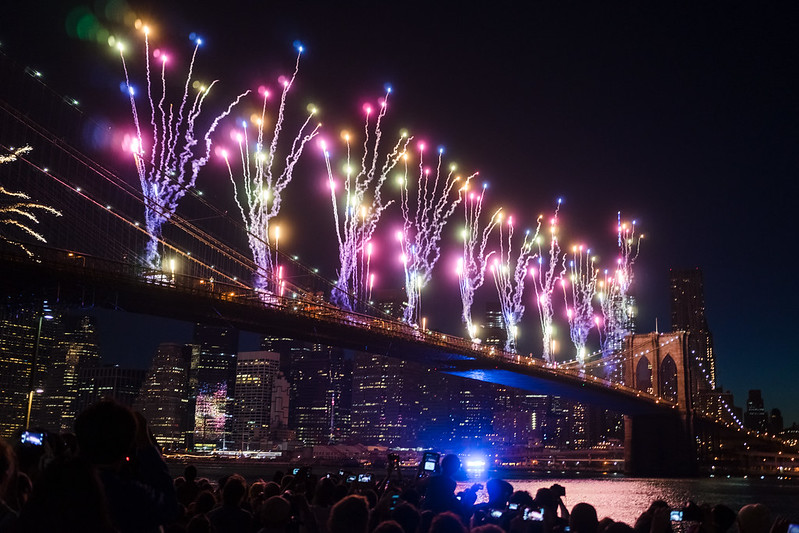 Image depicting fireworks off the Brooklyn Bridge