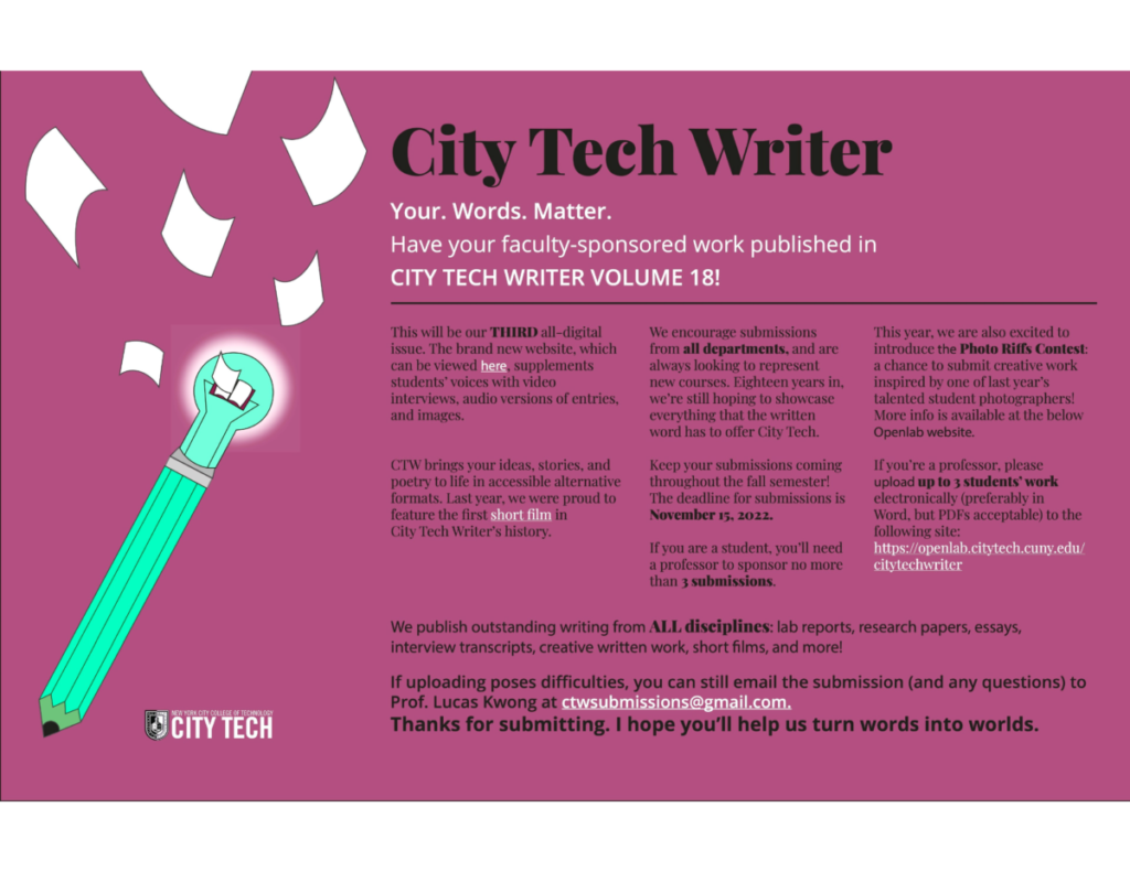City Tech Writer flyer that directs users to send to ctwsubmissions@gmail.com
