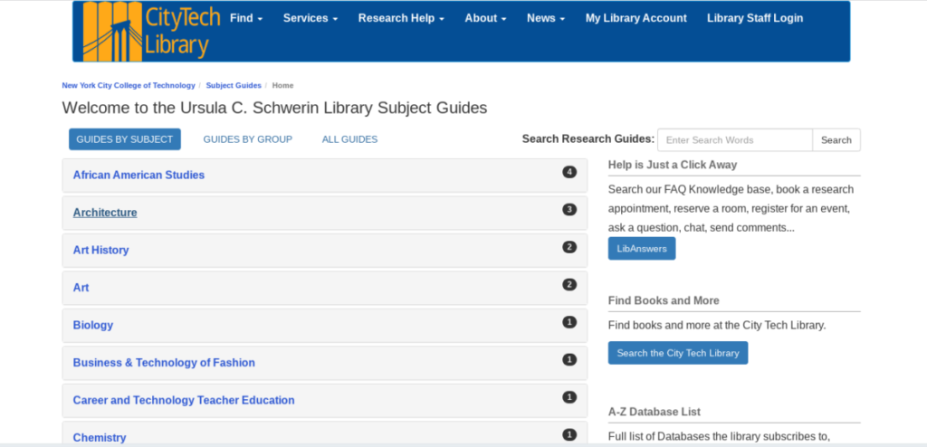 Screenshot of the library's LibGuide page, showing a list of LibGuides by subject.