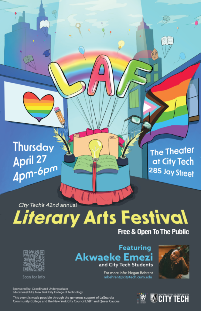 The poster for the Literary Arts Festival features a float with balloons spelling "LAF" surrounded by Pride posters with a rainbow and the NYC City skyline in the background. 