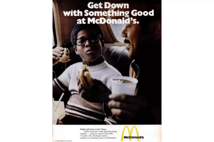 McDonald's print ad circa early to Mid 1970s: Get Down with Something Good. Shows an african-american father and son sharing a burger and drink