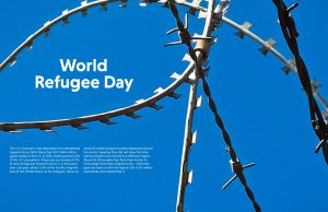 Blue page with barrages around with a description on what World Refugee Day is about