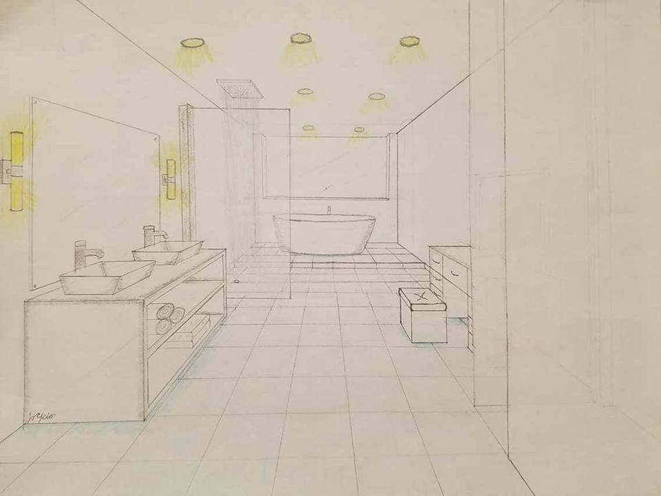 hand drawing of master bathroom