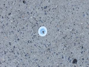 This image is a logo sticker of a company. When you zoom in, it says the words "S&W". It was found on a sidewalk. It is still a geometric shape and it's easy to see.