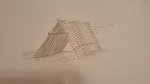 A primitive shelter composed of woodsticks placed on a triangular shelter shape.