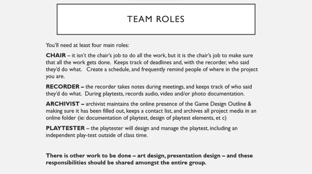 You’ll need at least four main roles:
CHAIR – it isn’t the chair’s job to do all the work, but it is the chair’s job to make sure that all the work gets done.  Keeps track of deadlines and, with the recorder, who said they’d do what.   Create a schedule, and frequently remind people of where in the project you are.
RECORDER – the recorder takes notes during meetings, and keeps track of who said they’d do what.  During playtests, records audio, video and/or photo documentation.
ARCHIVIST – archivist maintains the online presence of the Game Design Outline & making sure it has been filled out, keeps a contact list, and archives all project media in an online folder (ie: documentation of playtest, design of playtest elements, et c)
PLAYTESTER – the playtester will design and manage the playtest, including an independent play-test outside of class time.

There is other work to be done – art design, presentation design – and these responsibilities should be shared amongst the entire group.
