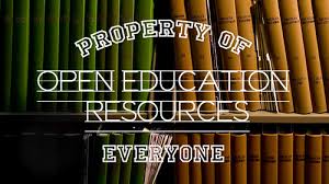 Close-up shop of books on a bookshelf. Says 'Open Education Resources, Property of everyone' on it. 