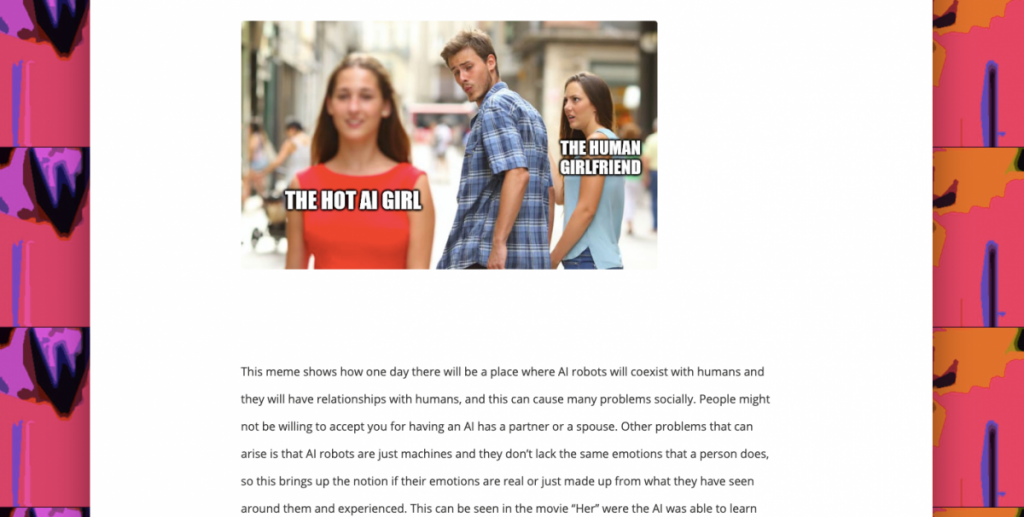 A student response to the film "Her" in the form of a meme and an accompanying textual explanation