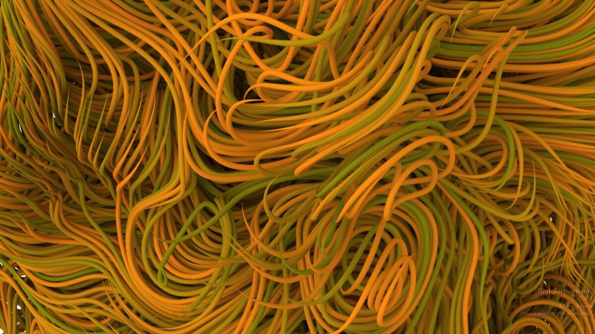 Abstract image of green, orange, yellow tendrils winding into organic shapes
