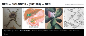 header image and main menu of Biology II OER