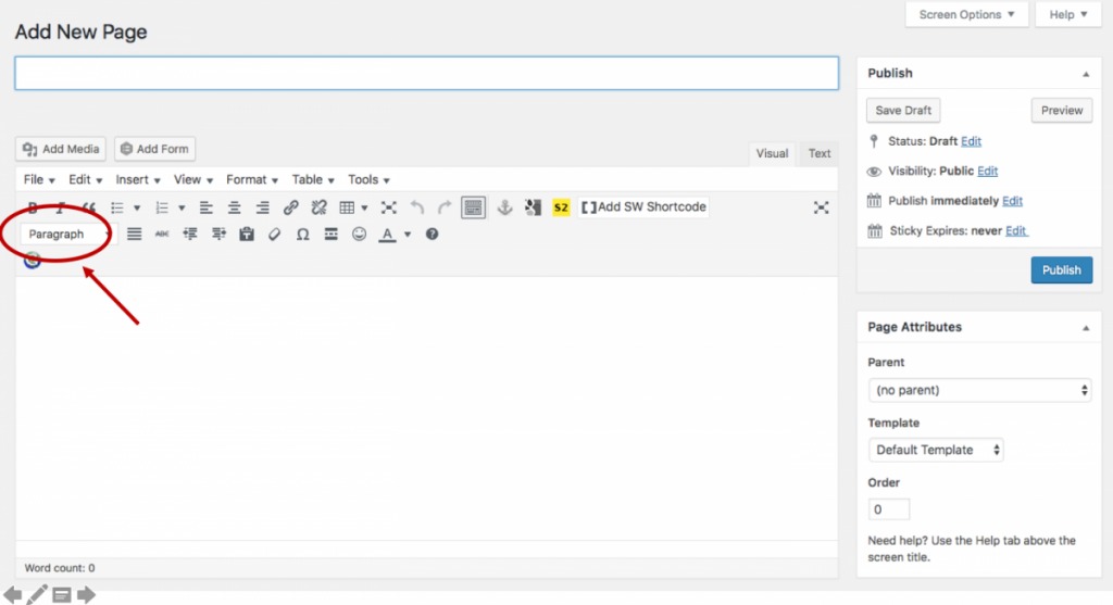 A screenshot of the Page editor indicating where users can create headings.