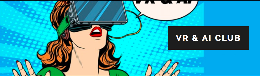A comic-style woman with a VR headset on, who is looking amazed.