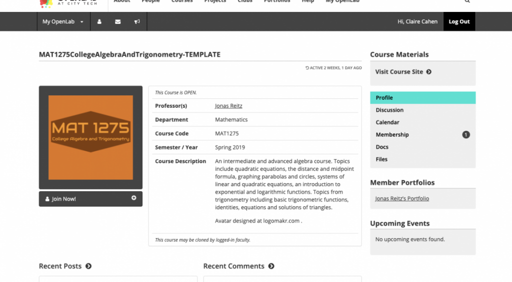 Mat1275 course profile page, including a brief description of the course.