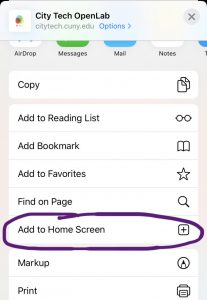 Screenshot of menu that appears when the Share button is clicked, with "Add to Home Screen" circled