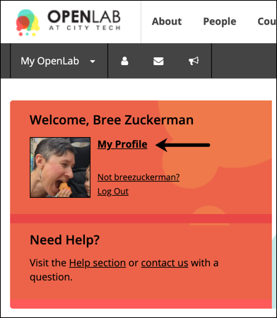 Link to my profile in the log-in/welcome box on the OpenLab homepage.