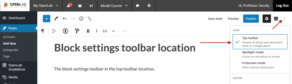Top toolbar location setting in the Block Editor Options menu.
