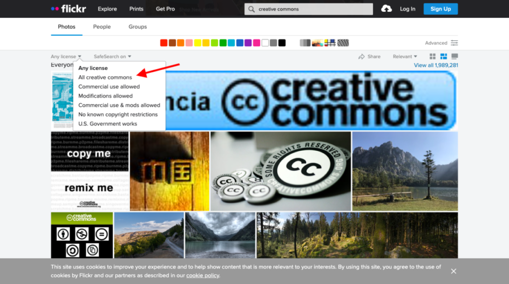 A screenshot of Flickr that shows how to use the main search tool to filter images according to their licensing time. Mousing over "Explore" in the main Flickr menu will give you an option to search exclusively for creative commons images.
