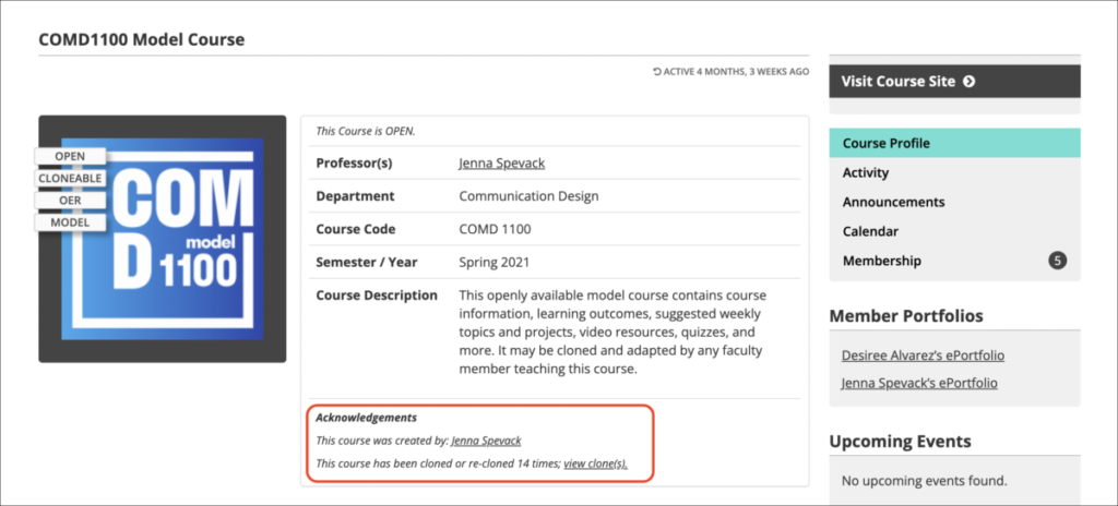 Course profile with new Acknowledgements format.