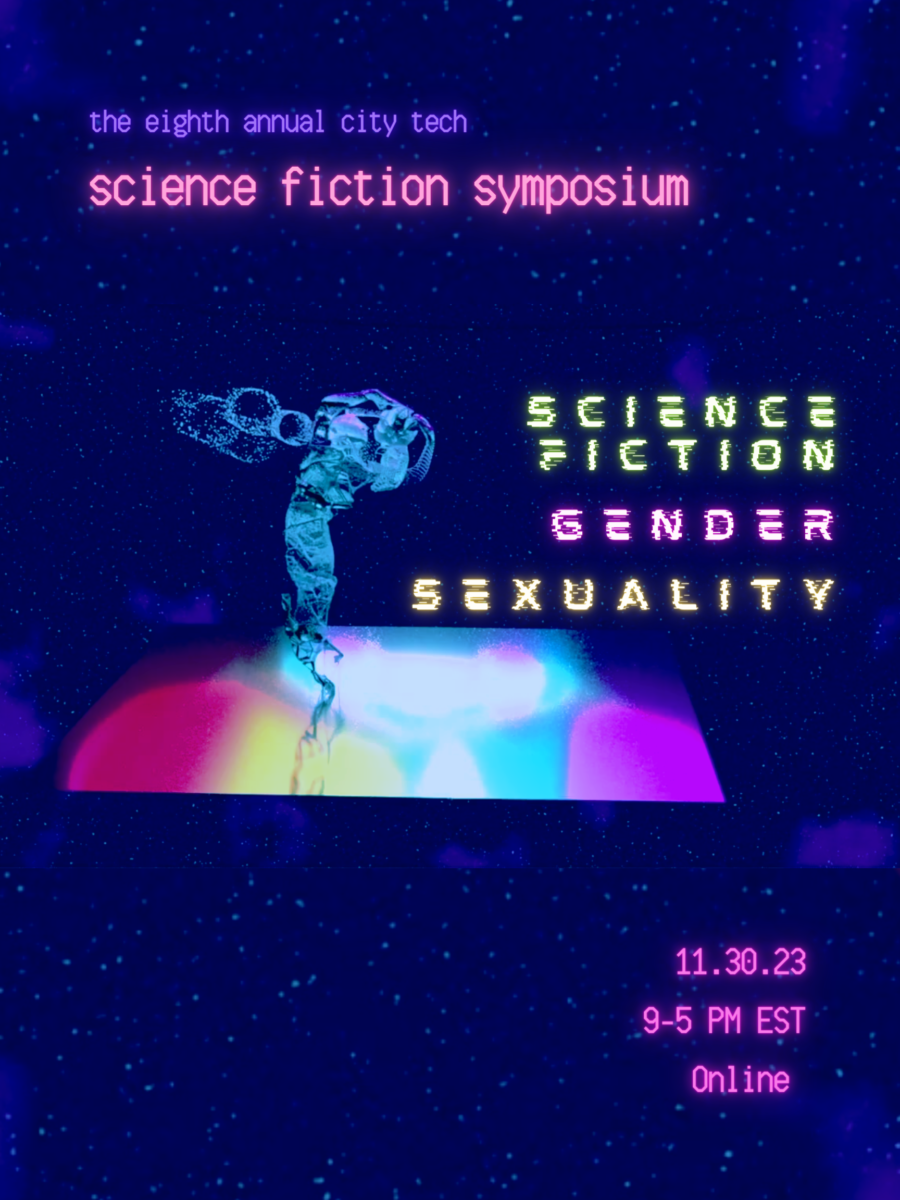 Dark background with illuminated shapes and text: the eighth annual city tech science fiction symposium science fiction gender sexuality 11.30.23 9-5 EST Online