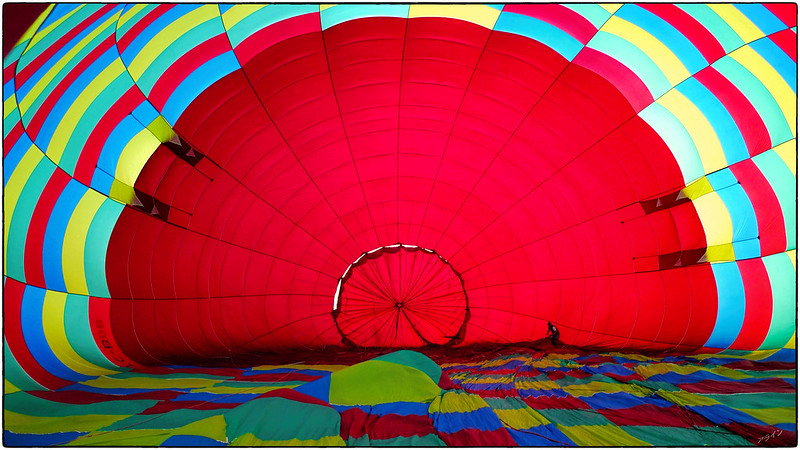 Hot air balloon from the vantage point of being inside as it's inflated