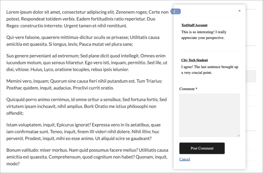 Comments on a specific paragraph using Inline Comments plugin.