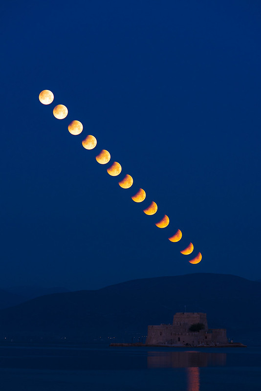 Dark sky with the moon shown in several stages of lunar eclipse