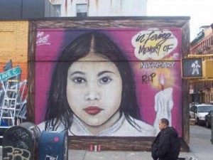 To your right is the image of Nixmary Brown, the seven year old who was abused and beaten to death by her mother and stepfather. This is one of Chico’s more passionate works since the entire community cried out for justice over the murder of Nixmary. Personally speaking, the murder of this child should did not have happen. Nixmary’s murder was a result of the incompetence of child welfare services. This mural was done on 6th Street at Avenue C in the lower east side.