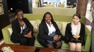 3 lovely City Tech students in the lobby of the hotel as we wait for the rest of the class.