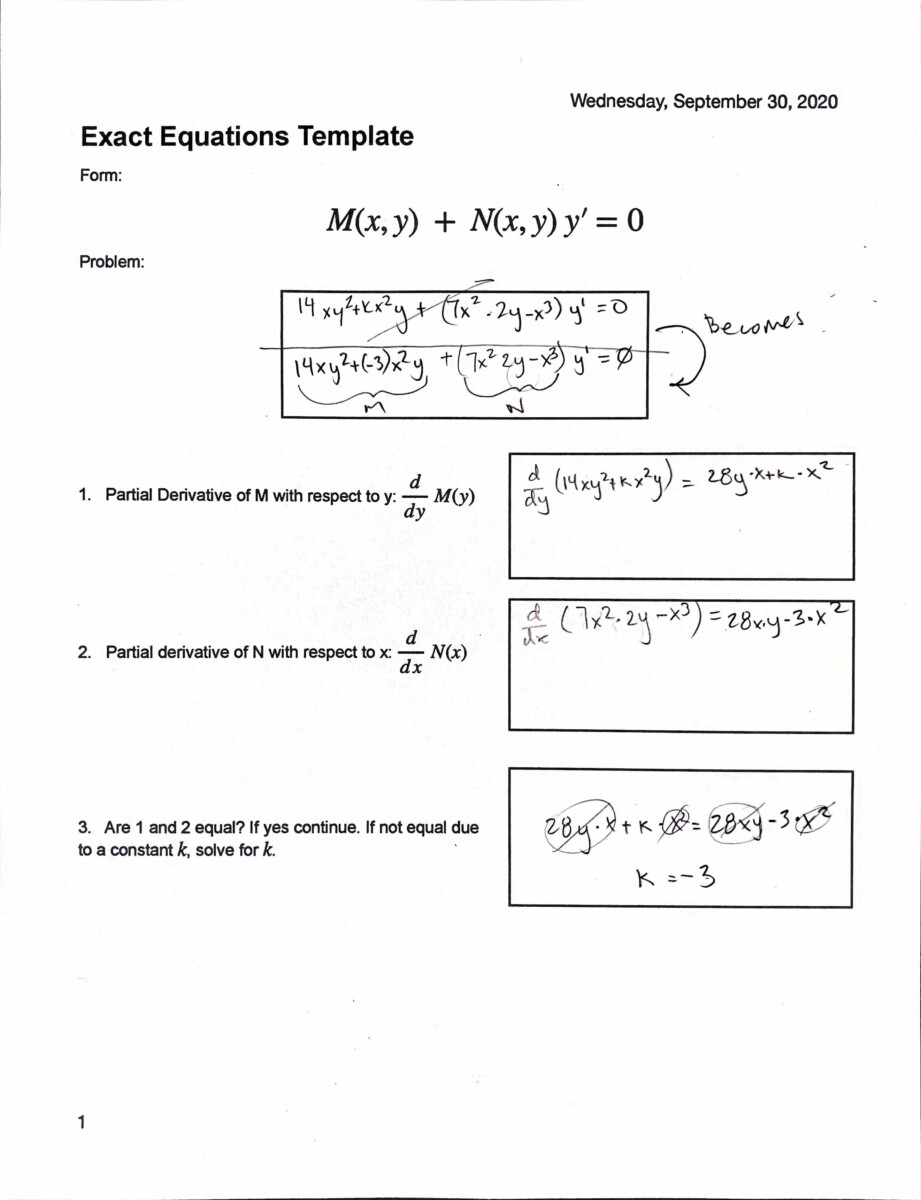 Exact Equations Cheat Sheet Mat2680 Differential Equations 2516