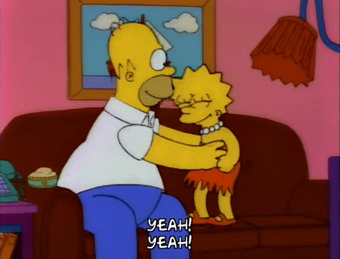 Animated gif of Homer and Lisa Simpson jumping up and cheering, saying, "Yeah! Yeah!"