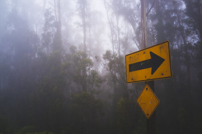 traffic arrow in a foggy wooded area