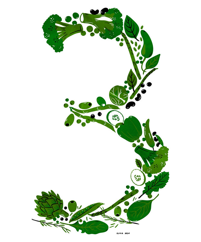 a green numeral 3 made of drawn fruits and vegetables