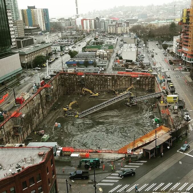 Aerial of a large construction site with a muddy bottom