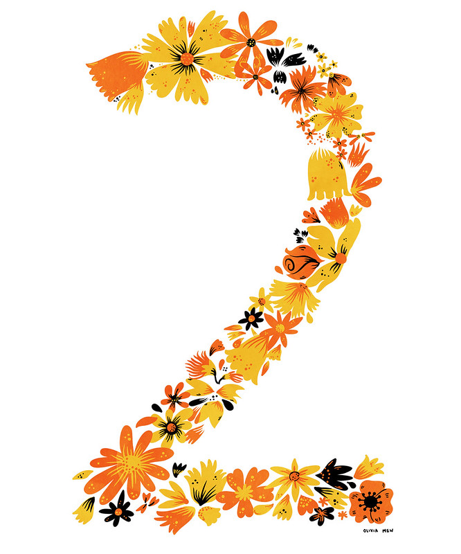 the number two made of illustrated flowers