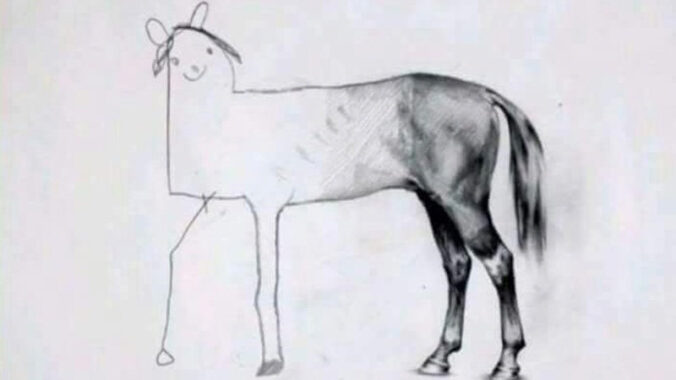 Drawing of a horse that starts very detailed but ends with stick-figure features