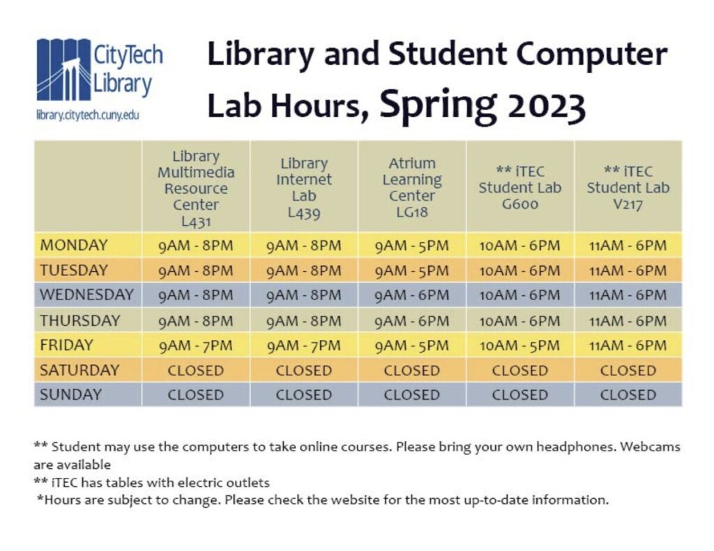 Library and Student Computer Lab Hours, Spring 2023
