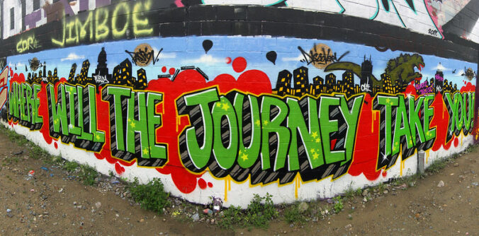Wall mural that reads Where will the journey take you!
