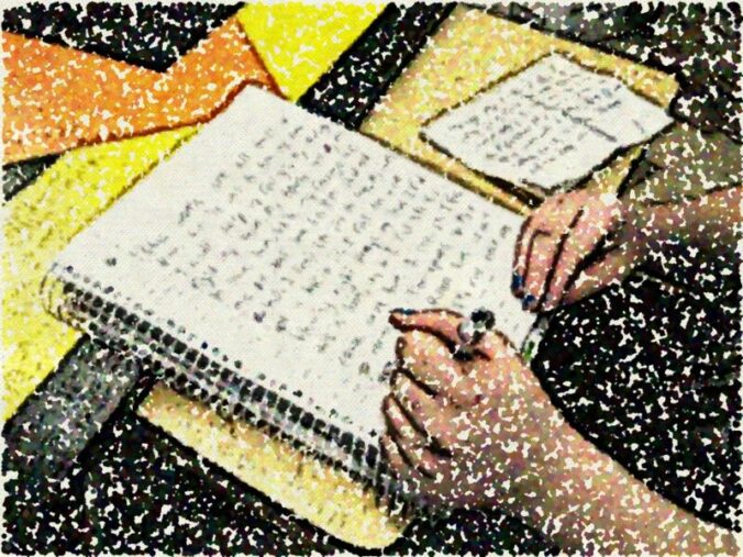 hand writing in a notebook, with a pointilism effect