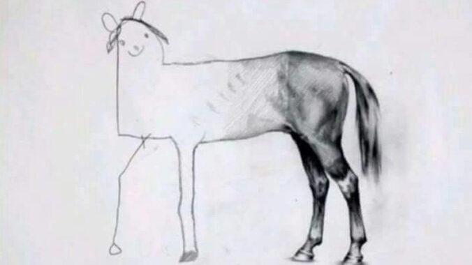 sketch of horse that's very detailed on the tail end devolving into a stick figure at the front leg