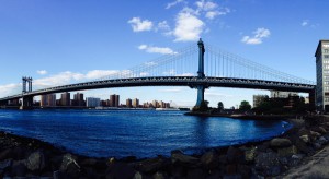 I took this photograph on my first day of college,me and my friend william came out the vorhees building and decided we wanted to see what was around our school. The photo shows a clear blue sky and perfect view of the manhattan bridge and what pops out most to me, is how blue the water looks. If you've ever been to the brooklyn bridge park area and seen the east river you would know its dar from blue, so it just intrigued me that in this photo it came out so blue. i like how the panorama effect on my iPhone really brought out the length of the bridge and width of the river. 