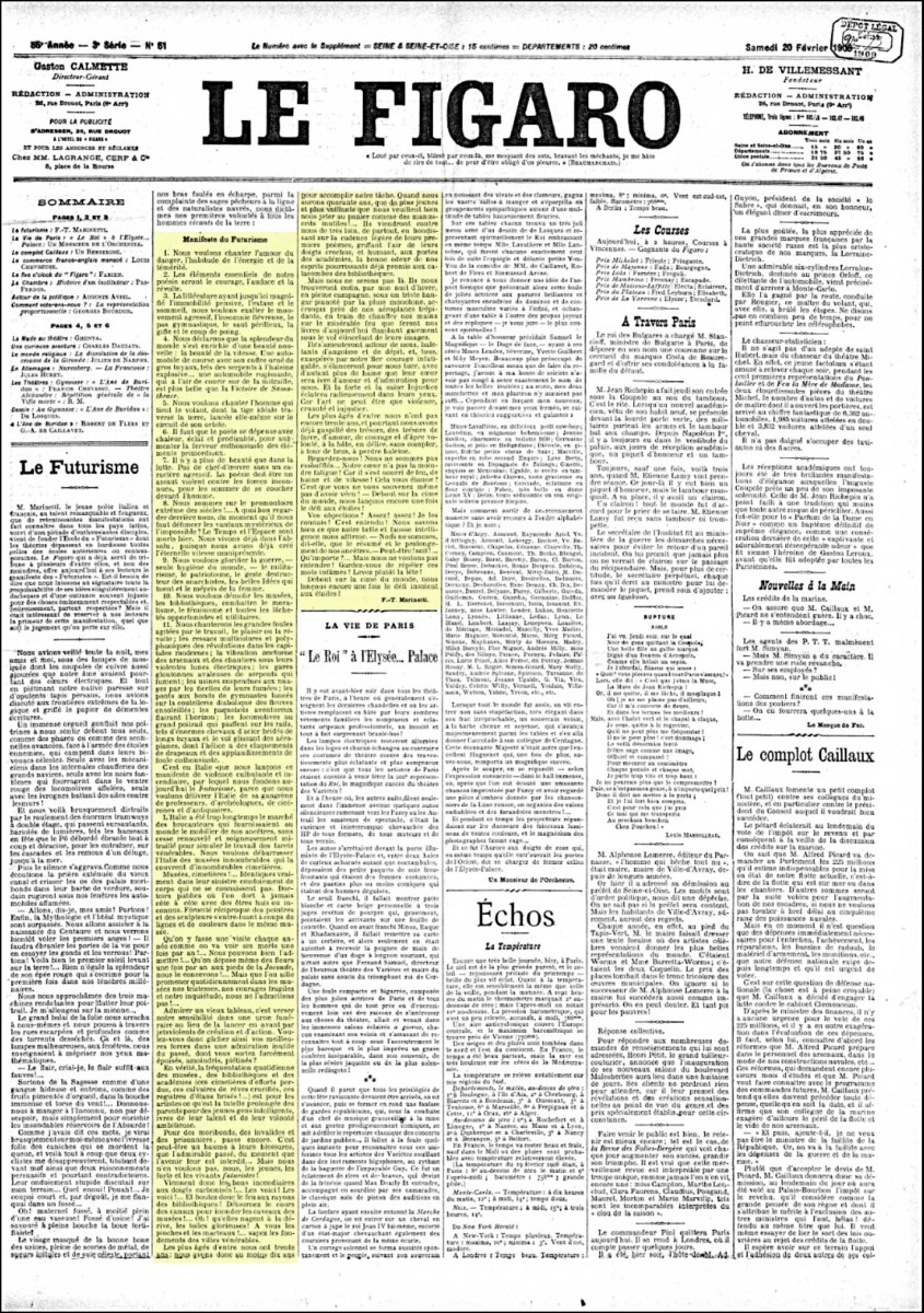 Manifesto del Futurismo in Le Figaro February 20, 1909