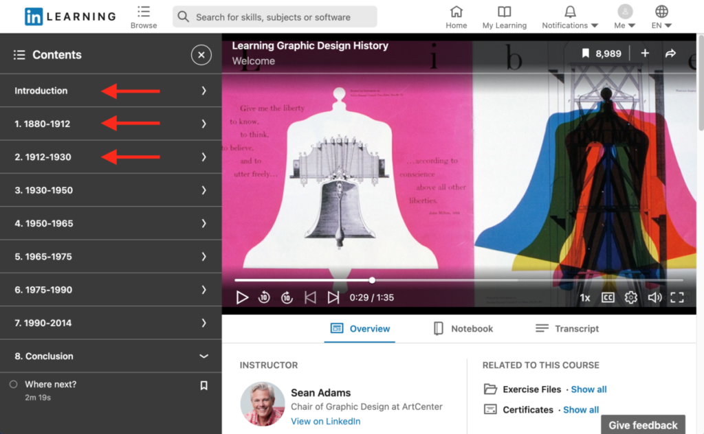 Screen shot of LinkedIn Learning Course: Learning Graphic Design History.