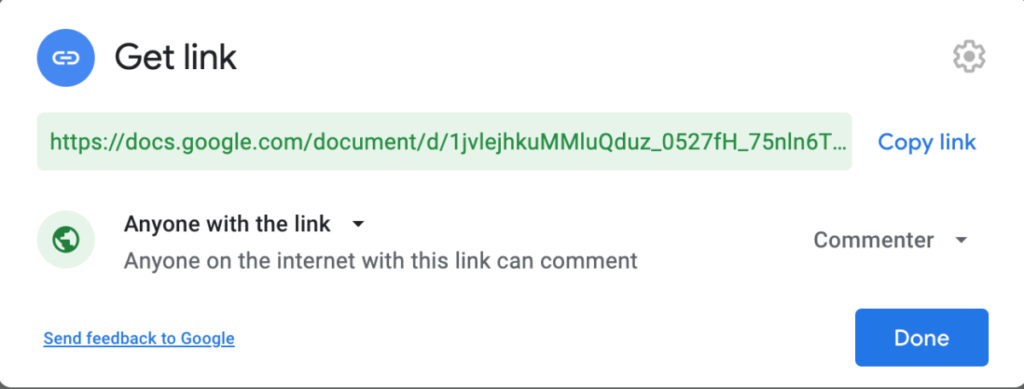 screenshot of Google Docs: Get Link