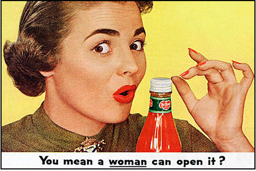 Image of a 1950's white housewife looking at the camera holding a bottle of catsup.