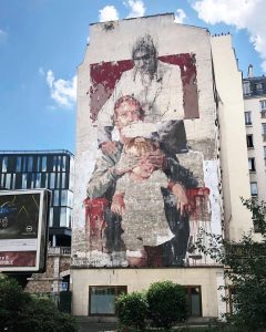 What is the artist (Gonzalo Bronodo) trying to show or tell us in this mural? Why is the top figures head covered? Why might have the artist chosen to paint this mural in france? 
